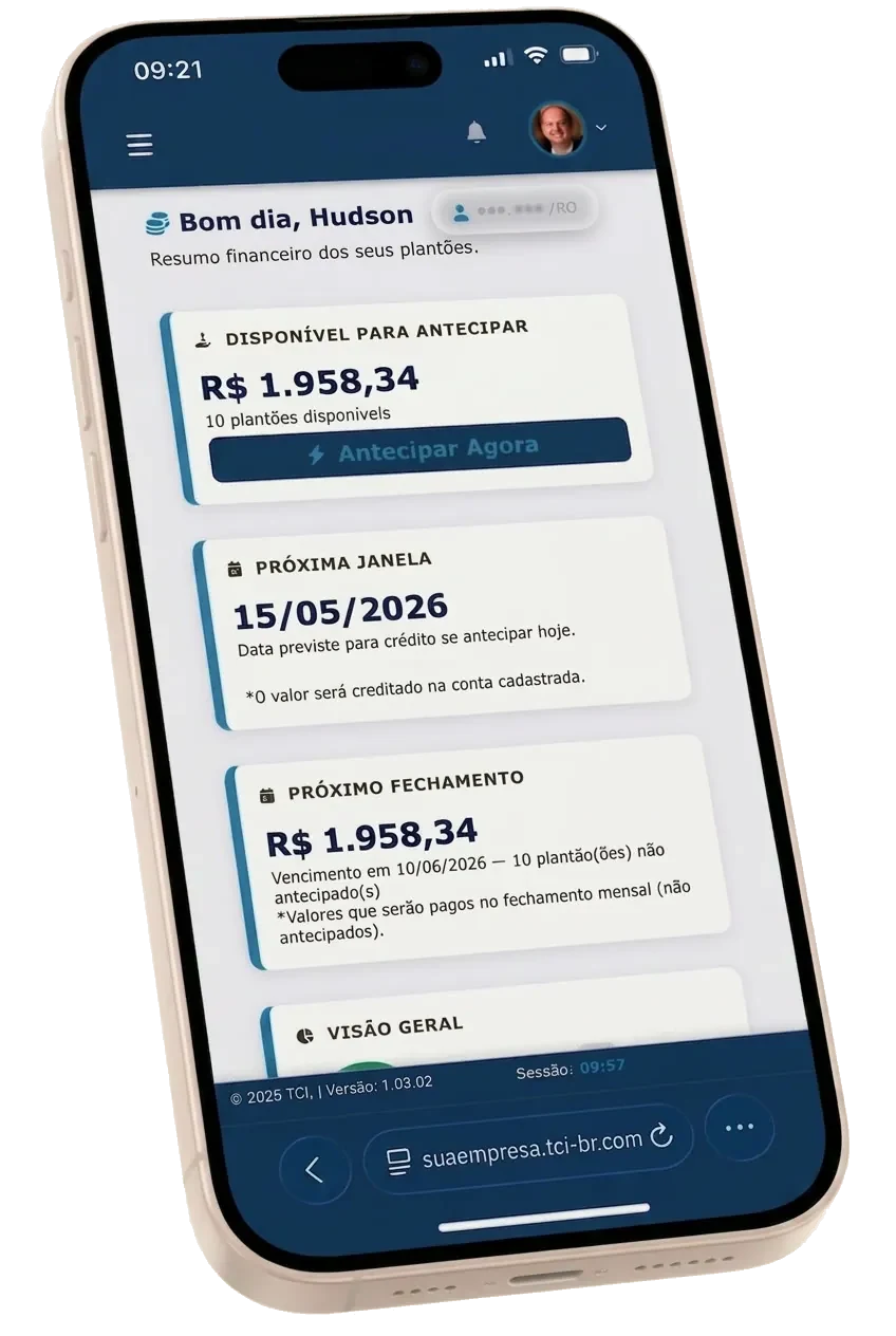Tela do app de antecipação de plantões com o valor disponível para antecipar